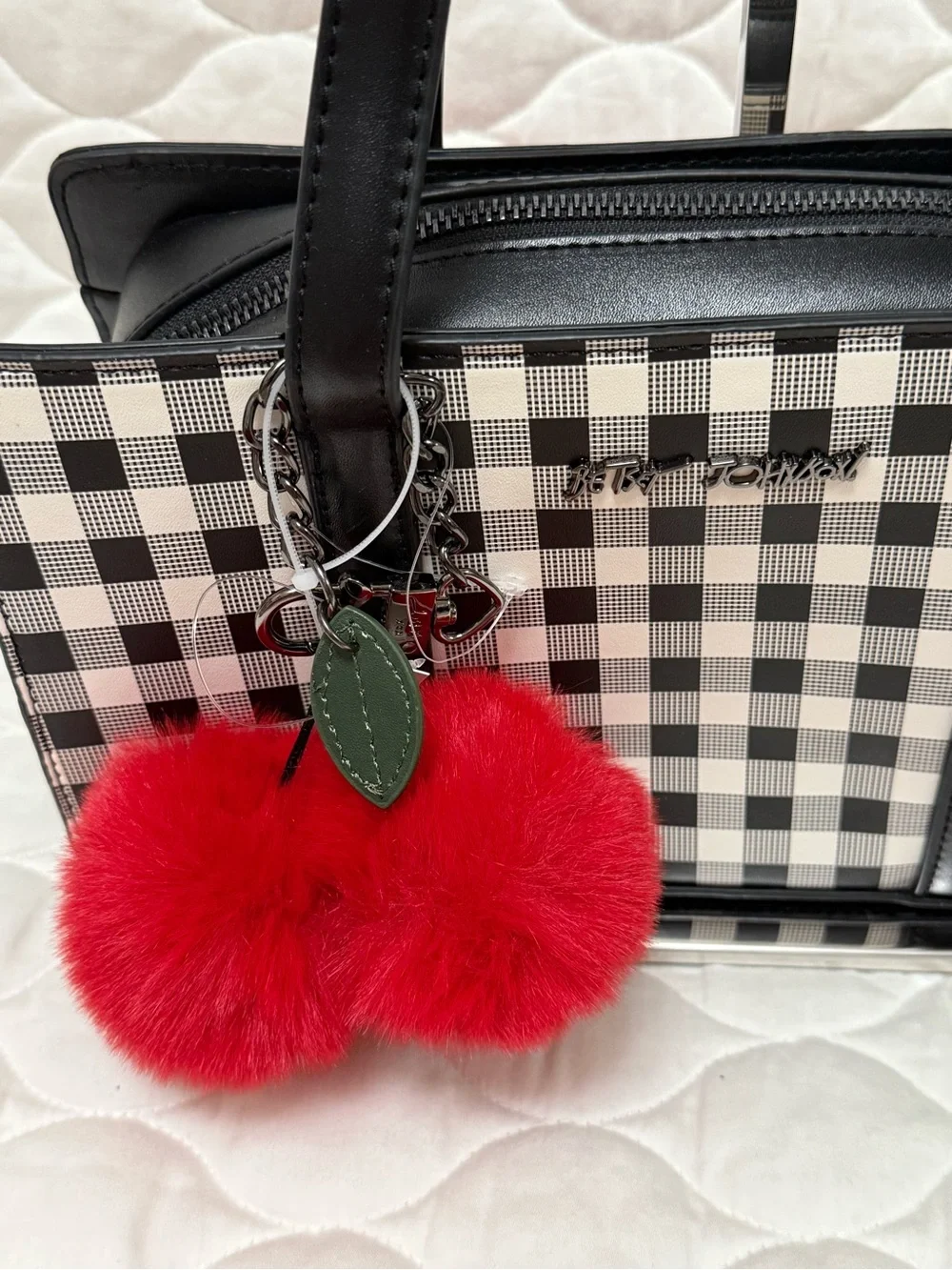 Betsey Johnson Black & White Gingham Tote with Red Pom Pom Charm